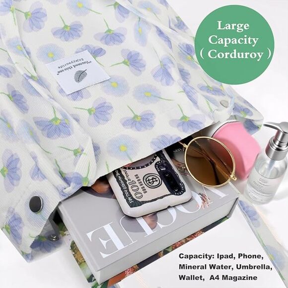 Women Floral Imported Corduroy Small Canvas Shoulder Handy Inner Pocket Tote Bag - Picture 2 of 4